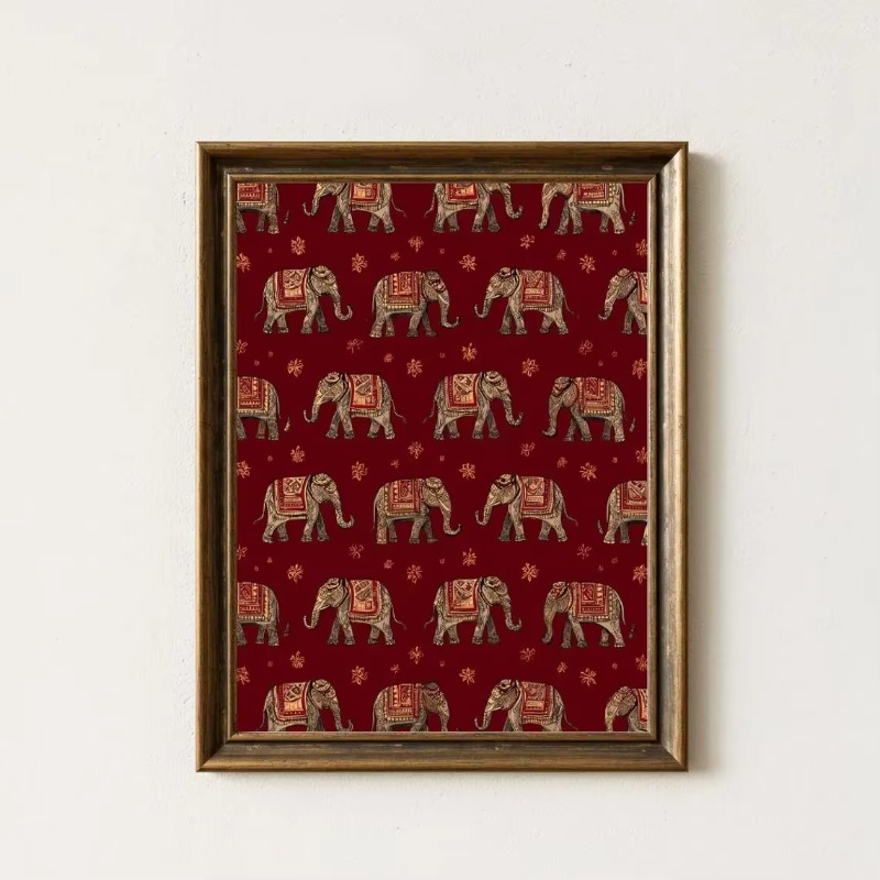 Home Decor Indonesia - Indisches Elefantenmuster-Druckbild, Rote Textil-Wandkunst, Boho-Tribal-Dekor, Orientalisches