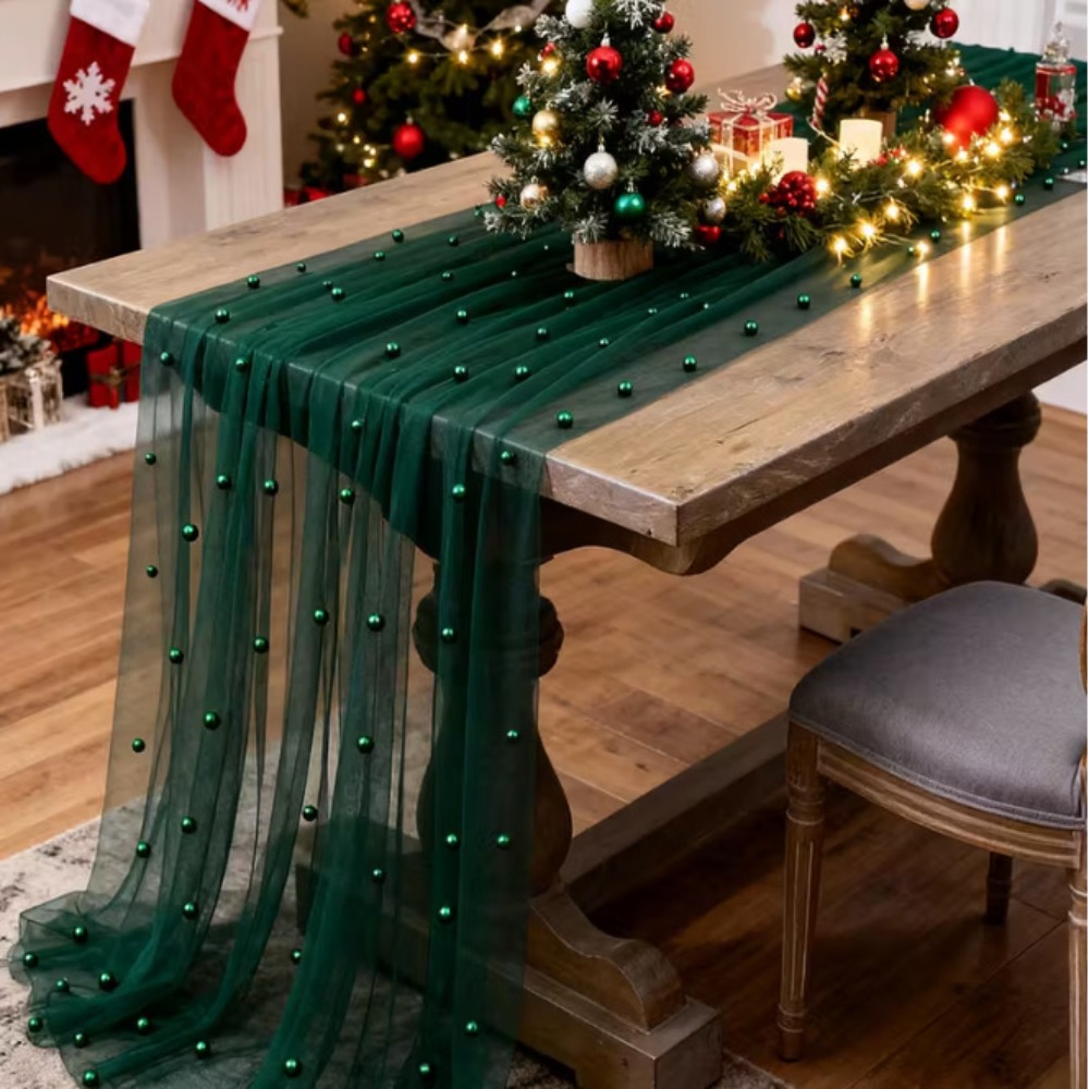 Linen Table Runner - Traumhafter Luxus-Hochzeitstischläufer Halbtransparenter Mehrfarbiger Perlen-Chiffon-Läufer Romantische