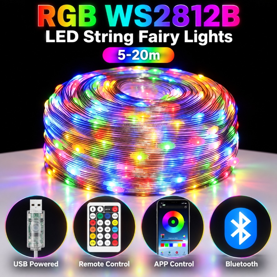 Home Decor Free App - 5-20m WS2812B RGB LED-Lichterkette mit Bluetooth-App-Fernbedienung,