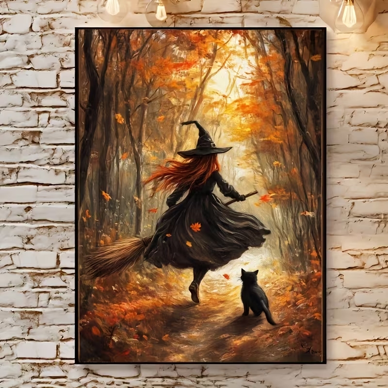 Home Decor Theme - Retro Halloween Herbsthexe auf Besenrad Wandkunstdruck
